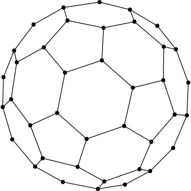 Vector illustration of Fullerene, a molecular compound, convex closed polyhedra composed of tricoordinated carbon atoms from abstract futuristic polygonal black lines and dots. Vector illustration.