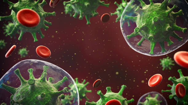 istock Virus cells mixed with red blood cells 1253897518