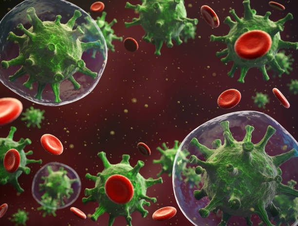 istock Virus cells mixed with red blood cells 1253897521