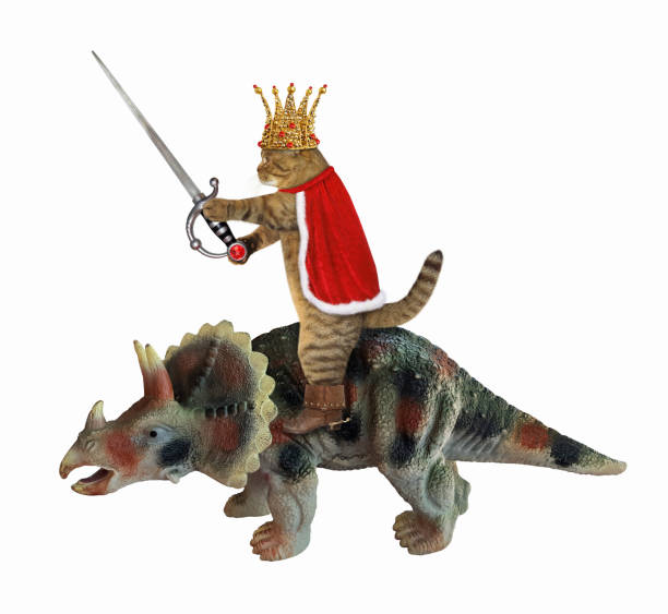 istock Cat king with sword riding triceratops 1253897705