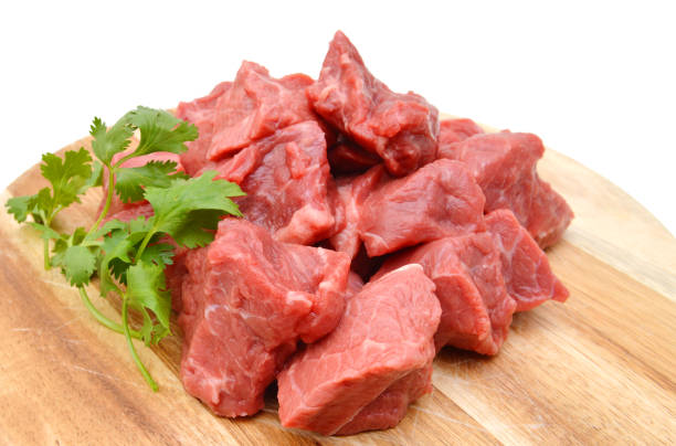 istock Raw beef meat isolated on wooden board on white 1253897867