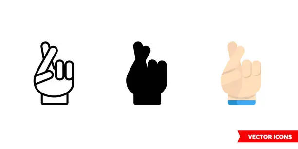 Vector illustration of Crossed fingers gesture icon of 3 types. Isolated vector sign symbol