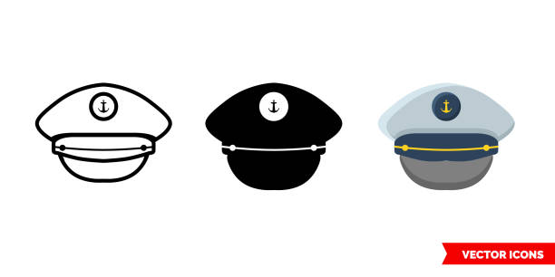 Captain cap icon of 3 types. Isolated vector sign symbol Captain cap icon of 3 types color, black and white, outline. Isolated vector sign symbol. sailor hat stock illustrations