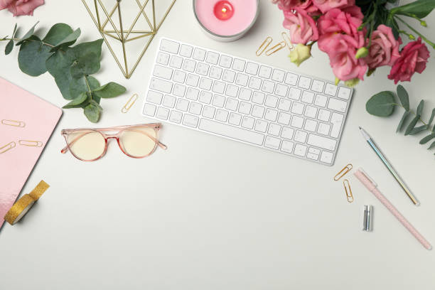 istock Composition with female accessories on white background. Woman blogger 1253899998
