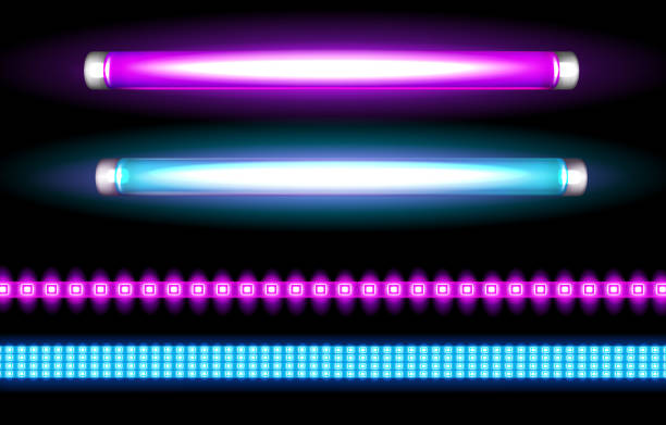Neon tube lamps and led strips, long light bulbs Neon tube lamps and led strips, long luminescence blue and purple light bulbs for night club, or bar signboards, fluorescent lighting. Halogen glowing elements, Realistic 3d vector illustration set single line power isolated electricity stock illustrations