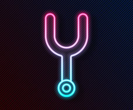 Glowing neon line Musical tuning fork for tuning musical instruments icon isolated on black background. Vector Illustration