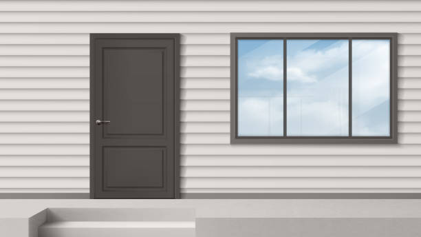 illustrations, cliparts, dessins animés et icônes de façade de maison avec la porte grise, la fenêtre, le mur de revêtement - office backgrounds window glass