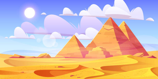 Egyptian desert with ancient pyramids Egyptian desert with pyramids. Vector cartoon illustration of landscape with yellow sand dunes, ancietn pharaoh tombs, hot sun and clouds in sky. Background with pyramids in Egypt desert egypt stock illustrations