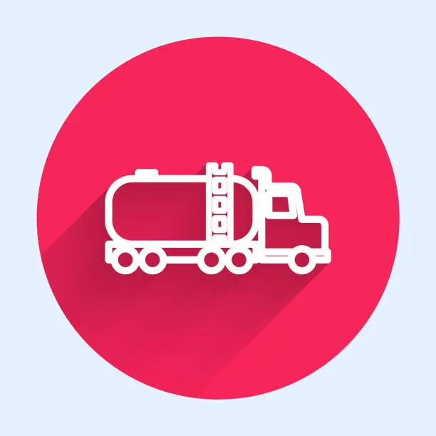 Vector illustration of White line Tanker truck icon isolated with long shadow. Petroleum tanker, petrol truck, cistern, oil trailer. Red circle button. Vector Illustration