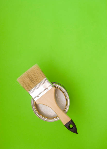 istock Tools for construction and decoration. Paintbrush on a Bank with white paint on a green background, top view. 1253905542