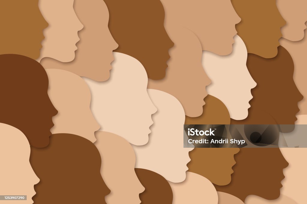 National diverse or race diverse concept. People crowd National diverse or race diverse concept. Female face silhouettes with variety of skin tones. People crowd, group. Female faces looking in one direction. Women's right concept. Vector illustration Multiracial Group stock vector