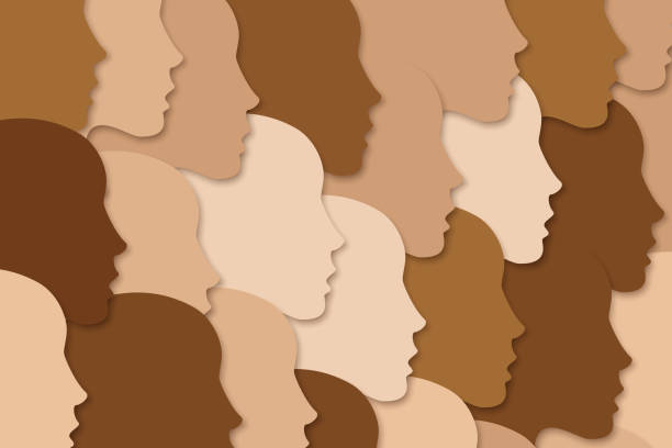 National diverse or race diverse concept. People crowd National diverse or race diverse concept. Female face silhouettes with variety of skin tones. People crowd, group. Female faces looking in one direction. Women's right concept. Vector illustration brown illustrations stock illustrations