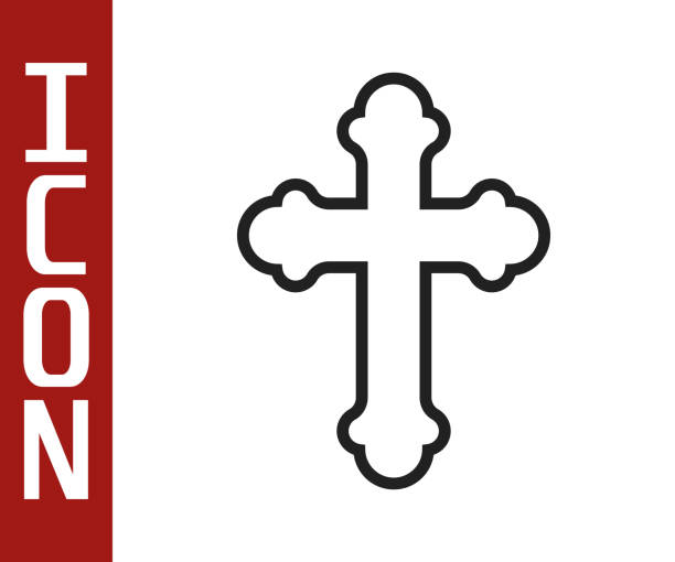 schwarze linie christian kreuz-symbol isoliert auf weißem hintergrund. kirchenkreuz. vektor-illustration - orthodoxes christentum stock-grafiken, -clipart, -cartoons und -symbole
