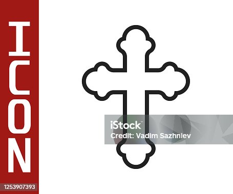 istock Black line Christian cross icon isolated on white background. Church cross. Vector Illustration 1253907393