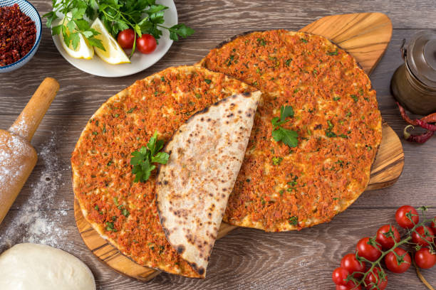 Delicious Turkish Pizza Lahmacun. This Lahmacun is tasty and delicious stock photo