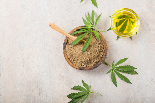 Hemp flour  in wooden spoon and hemp essential oil.  Copy space. CBD cannabis.