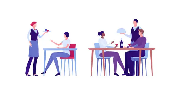 Vector illustration of Restaurant business concept. Vector flat person illustration set. Group of man and woman. People sit at table and order meal. Waiter hold food plate. Design element for banner, infographic, menu