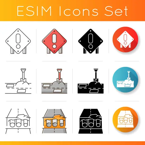 Vector illustration of Road works icons set. Attention roadsign. Patching works. Pothole in pavement. Pipe replacement. Civil engineering trench. Linear, black and RGB color styles. Isolated vector illustrations