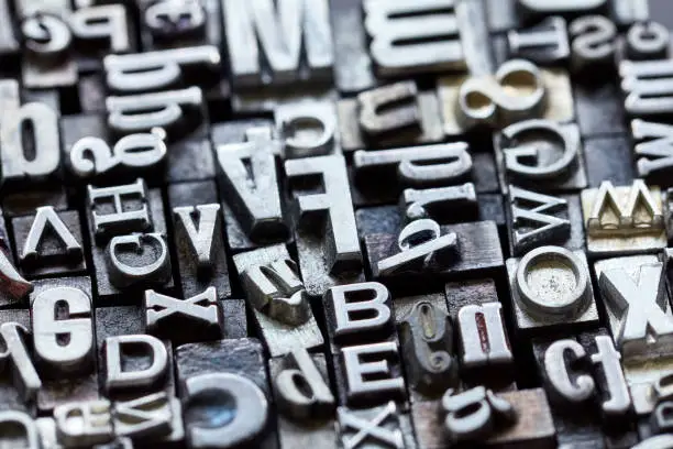 Close-up of vintage metal letterpress type background