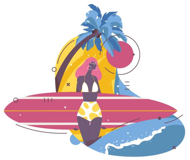 illustrazioni stock, clip art, cartoni animati e icone di tendenza di ragazza afroamericana in costume da bagno con tavola da surf, palme e onde. isolato su una scena tropicale bianca goof per il sito web della scuola di surf in colori vivaci - one person white background swimwear surfboard