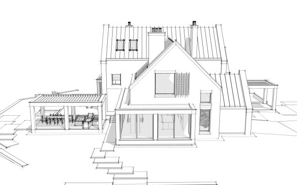 istock 3d rendering of modern clinker house on the ponds with pool black line on white background 1253917184