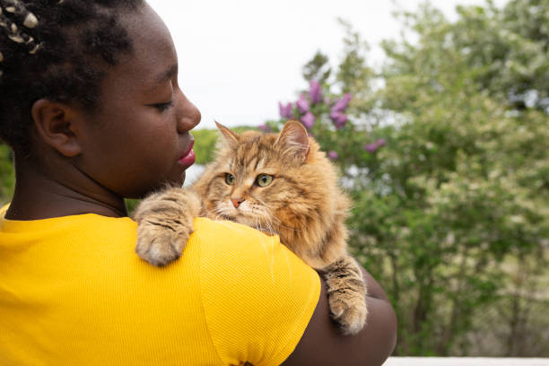 istock Black girl carrying her cat against 1253918092