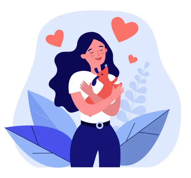 Vector illustration of Happy woman hugging little dog