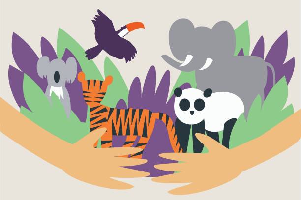 istock Illustration of hands hugging and protecting wild animals from extinction - Global animal and envirnmental conservation 1253922103