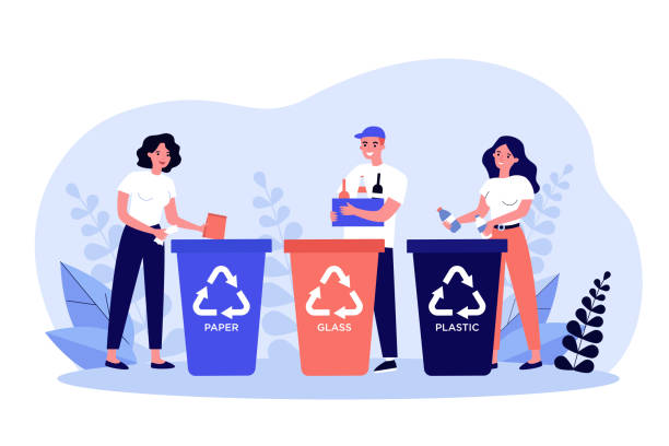 Happy men and women sorting trash Happy men and women sorting trash. People putting plastic, glass, paper waste into different dumpsters with recycling symbols. Vector illustration for environment protection, garbage, litter concept environmental cleanup stock illustrations