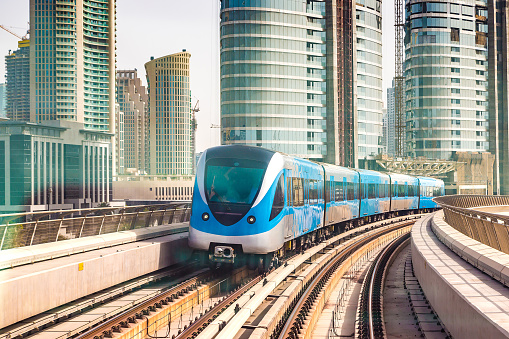 Dubai metro railway in a summer day in Dubai, United Arab Emirates