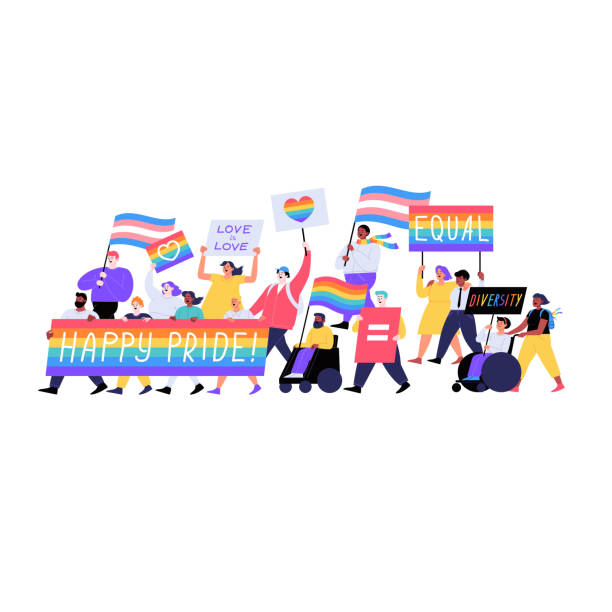 LGBTQIA Pride month Different people marching on the pride parade holding placards and flags. Pride month concept honor illustrations stock illustrations
