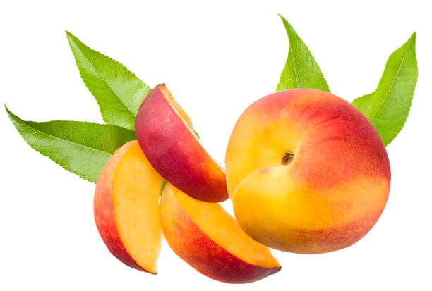 istock peach fruit with green leaf and slice isolated on white background 1253925298