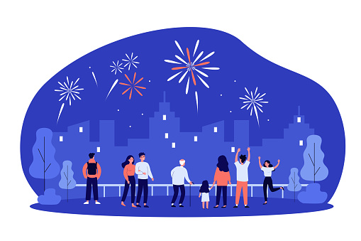 Crowd of city people celebrating urban festive event, watching spectacular firework in night sky over city scape. Vector illustration for pyrotechnics, show, explosion concept