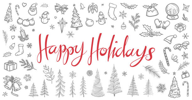 ilustrações de stock, clip art, desenhos animados e ícones de happy holidays christmas doodles illustration - christmas holiday vacations candy cane