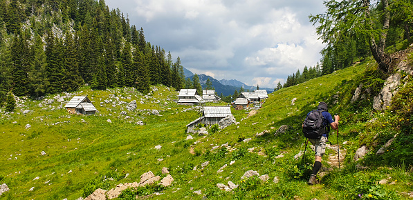 View from a crossroads on the Bindalm into the Klausbachtal with the Mühlrutschhorn of the Reiter Alm in the Berchtesgaden National Park