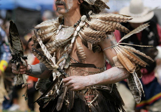 Mexico City, Mexico. Jan 11, 2024. Aztec warrior dancing outside of the Anthropology museum in Mexico City.