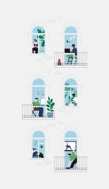 Vector illustration of Set of flat illustration of people staying home for the quarantine. Facade of an apartment house, windows and palcony doors