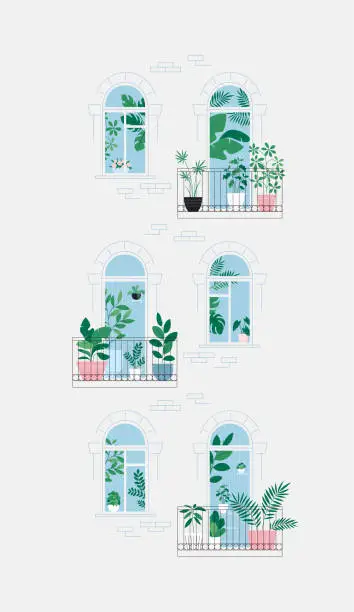 Vector illustration of Houseplants on the balcony. Room full of plants, view through the door. Urban jungle concept. Apartment house facade