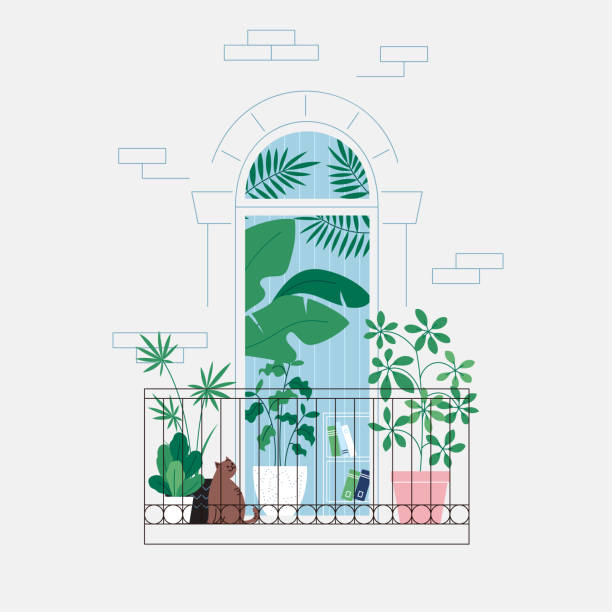 ilustrações, clipart, desenhos animados e ícones de plantas na varanda. sala cheia de plantas, vista pela porta. conceito de selva urbana - fern leaf isolated flat