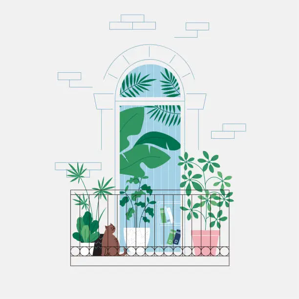 Vector illustration of Houseplants on the balcony. Room full of plants, view through the door. Urban jungle concept