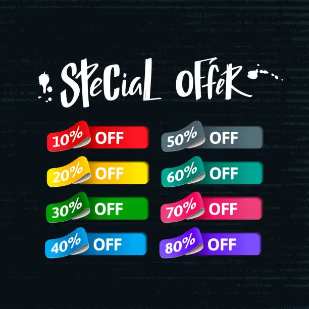 Vector illustration of Special Offer Sale Set. Bright Colorful Labels with Percentage. Template Design of 3d Stickers