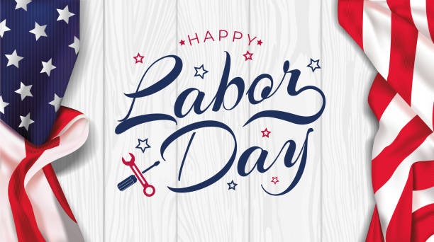 illustrazioni stock, clip art, cartoni animati e icone di tendenza di biglietto d'auguri dell'usa labor day con sfondo in legno di pennello nei colori della bandiera nazionale degli stati uniti e testo di scritte a mano happy labor day. illustrazione vettoriale. - flag day