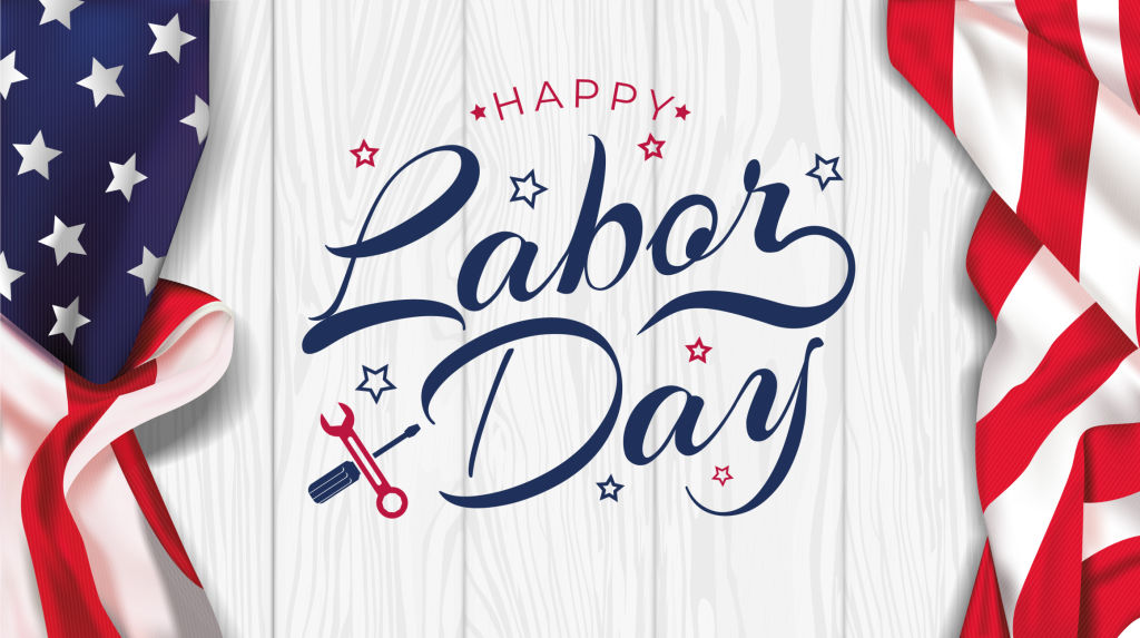 USA Labor Day greeting card with brush wood background in United States national flag colors and hand lettering text Happy Labor Day. Vector illustration.