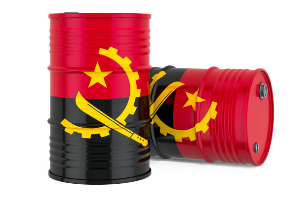 istock Steel drum, barrel with Angolan flag, 3D rendering isolated on white background 1253935184