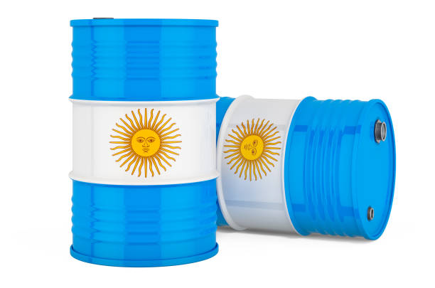 istock Steel drum, barrel with Argentinean flag, 3D rendering isolated on white background 1253935203