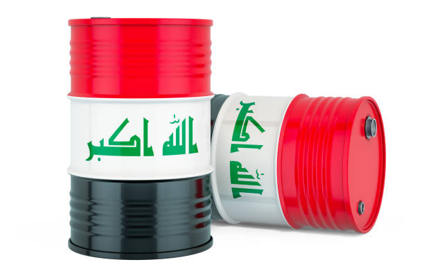 istock Steel drum, barrel with Iraqi flag, 3D rendering isolated on white background 1253935239