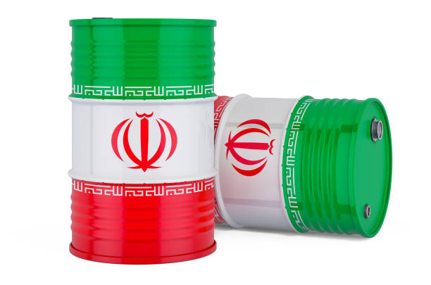 istock Steel drum, barrel with Iranian flag, 3D rendering isolated on white background 1253935647