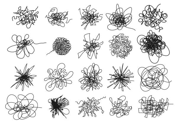 набор руки рисунок случайных хаотических линий. безумный запутанный каракули clew. черный дизайн абстрактных каракули каракули, хаос караку� - messy stock illustrations