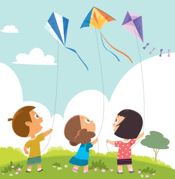Vector illustration of Kids Playing Kites