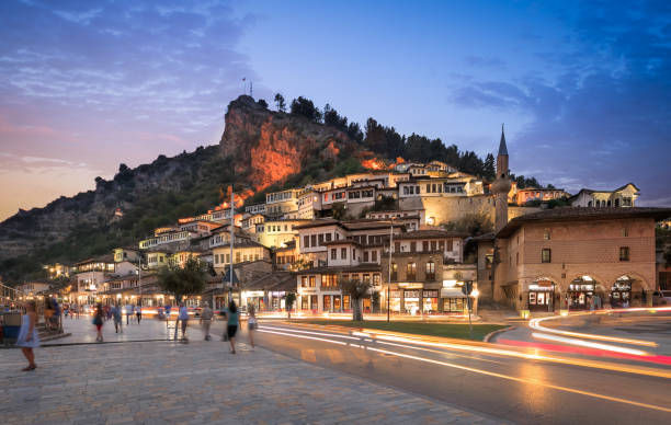 Panoramic view of Berat, Albania by night skyline view of Berat, Albania by night berat stock pictures, royalty-free photos & images